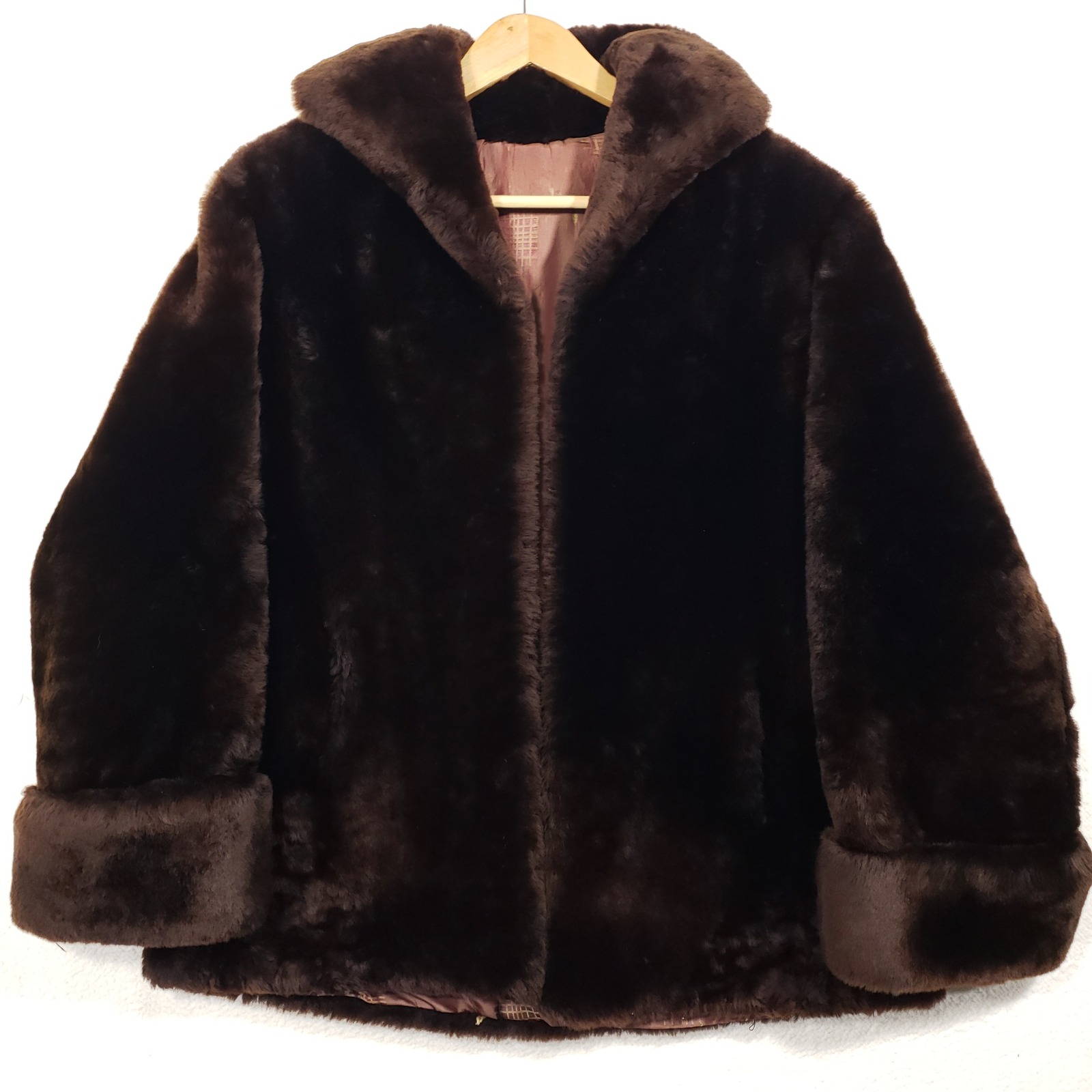 Vintage Fur Coat Women Large Brown Sheared Beaver Mid Length Cuffed Sleeve